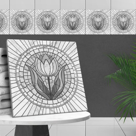 Carreau Mosaïque de fleur de tulipe - Marbre blanc