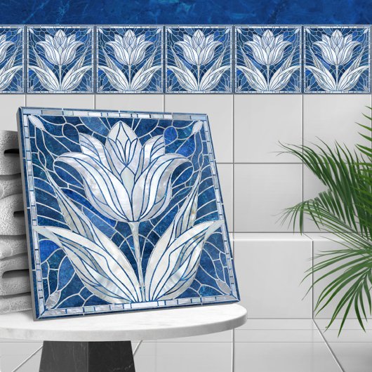 Carreau Mosaïque de fleur de tulipe - Marbre bleu et Pearl