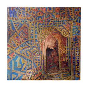 Carreau mosaïque marocaine or rouge bleu art géométrique