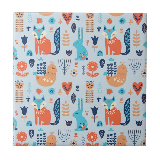 Carreau Motif animal de région boisée d'art populaire (Devant)