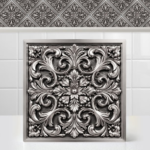 Carreau Motif Antique Argent Damassé Embossé Victorien