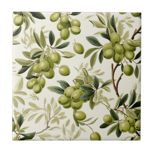Carreau Motif aquarelle de branche d'olivier Méditerranée