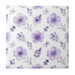 Carreau Motif aquarelle de fleurs de lin pourpre lavande
