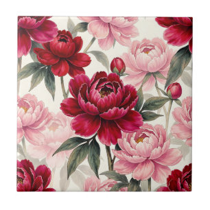 Carreau Motif aquarelle floral de pivoine rouge foncé et r