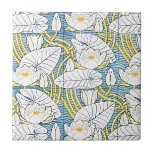 Carreau Motif Art Nouveau de nénuphar vert sauge