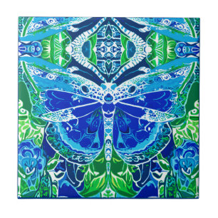 Carreau Motif Batik de papillon et de médaillon en bleu