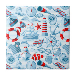 Carreau Motif blanc et bleu rouge nautique
