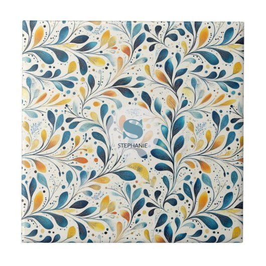 Carreau Motif bleu et or Paisley Leaf (2) (Devant)