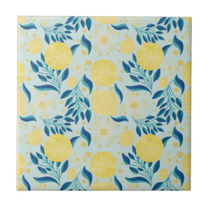Carreau Motif botanique bleu citron coloré