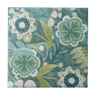 Carreau Motif botanique bohème floral sarcelle