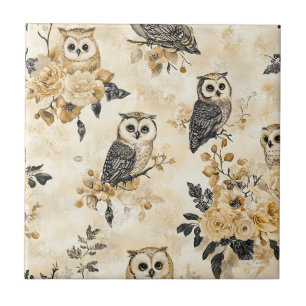 Carreau Motif botanique de hibou beige vintage de la forêt