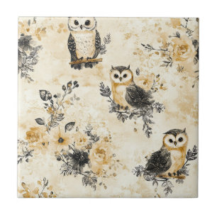 Carreau Motif botanique floral de chouette beige neutre