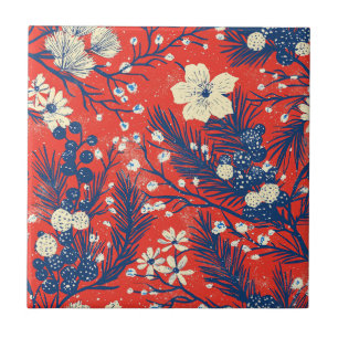 Carreau Motif botanique hivernal indigo rouge carmin