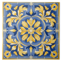 Motif botanique méditerranéen - Bleu et Jaune