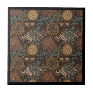 Carreau Motif botanique terracotta sage boho foncé