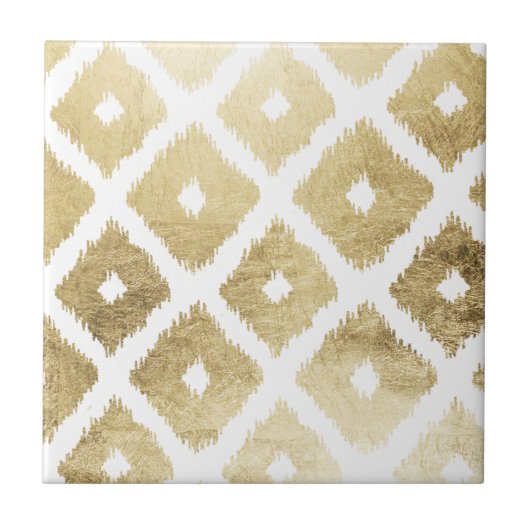 Carreau Motif chic moderne d'ikat de feuille d'or de faux (Devant)