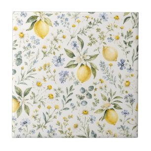 Carreau Motif citron et fleurs sauvages de campagne frança