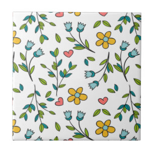 Carreau Motif coloré à la main Floral & Coeurs