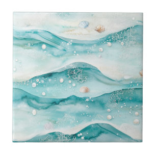 Carreau Motif coquillages et vagues océaniques Aqua (5)