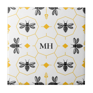 Carreau Motif d'abeille jaune moderne Élégant Monogramme n