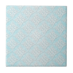 Carreau Motif damassé bleu sarcelle pastel et blanc