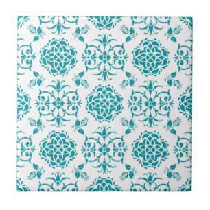 Carreau Motif damassé floral aqua et blanc