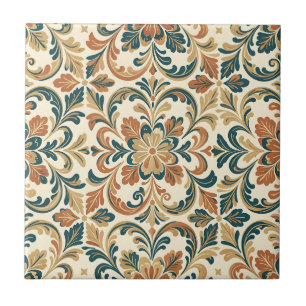 Carreau Motif damassé floral orangé sarcelle