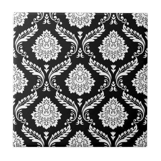 Carreau Motif Damassé Rococo Blanc sur Noir (Devant)