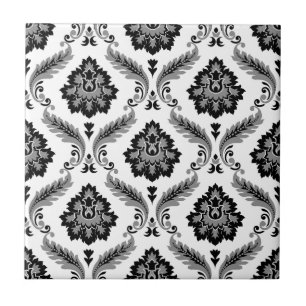 Carreau Motif Damassé Rococo Gris Noir Blanc