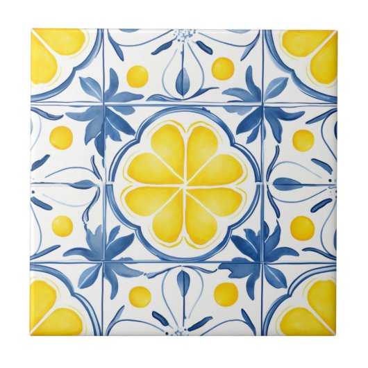 Carreau Motif d'aquarelle bleu et jaune méditerranéen (Devant)