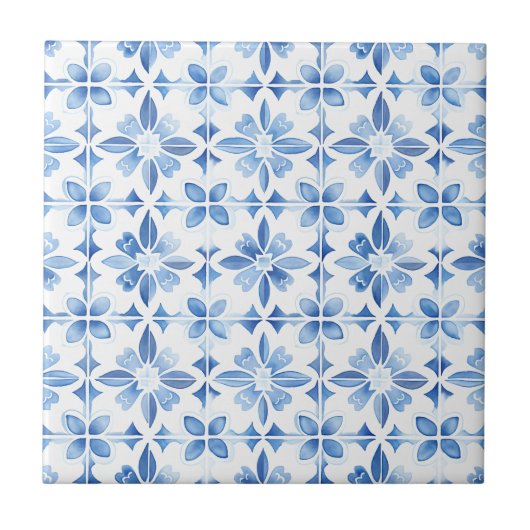 Carreau Motif d'aquarelle bleu méditerranéen (Devant)