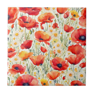 Carreau Motif d'aquarelle Vibrant Poppies et maries