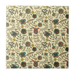 Carreau Motif d'art populaire sur fond jaune pâle