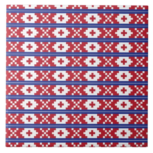 Carreau Motif d'art populaire tribal rouge, bleu et blanc (Devant)