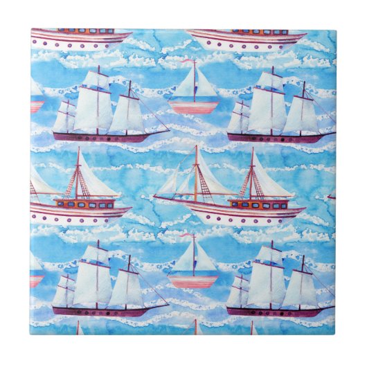 Carreau Motif de bateaux de navigation d'aquarelle (Devant)