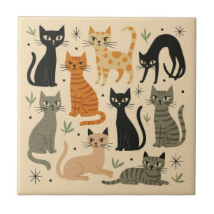 Carreau Motif de chat rétro vintage des années 1950