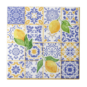 Carreau Motif de citron aquarelle bleu jaune méditerranéen