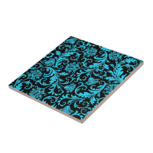 Carreau Motif de Damas florales élégant noir et bleu