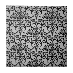 Carreau Motif de Damas florales noir et blanc argenté
