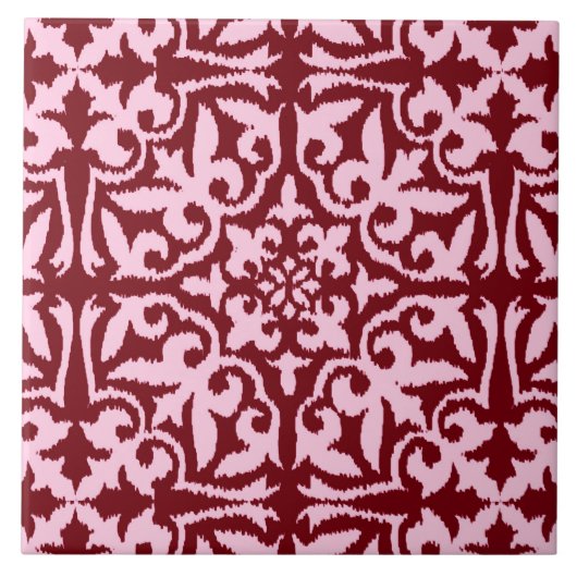 Carreau Motif de damassé d'Ikat - Bourgogne et rose (Devant)