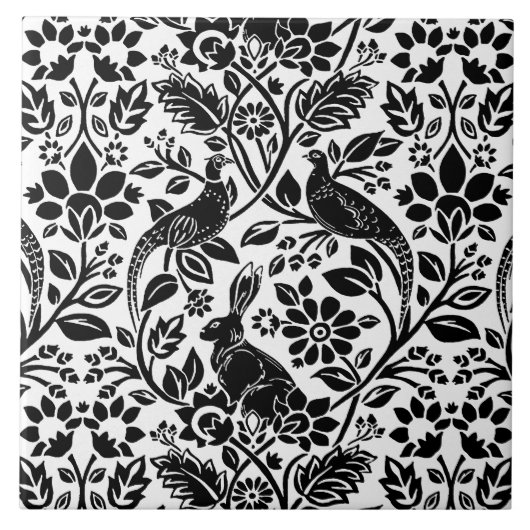 Carreau Motif de faisan et lièvre, blanc et noir (Devant)