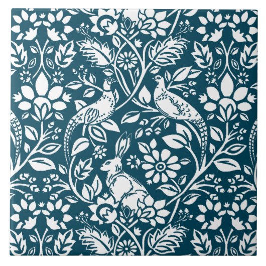 Carreau Motif de faisan et lièvre, Indigo Blue & White (Devant)