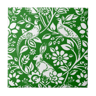 Carreau Motif de faisan et lièvre, vert émeraude et blanc