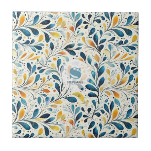 Carreau Motif de feuille botanique sarcelle marine ambre