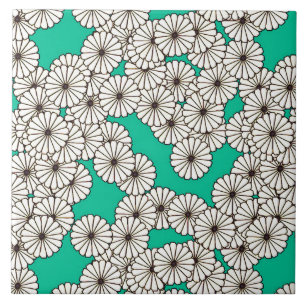 Carreau Motif de fleur d'art déco - blanc sur la turquoise