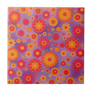 Carreau Motif de fleur orange et pourpre rouge de hippie