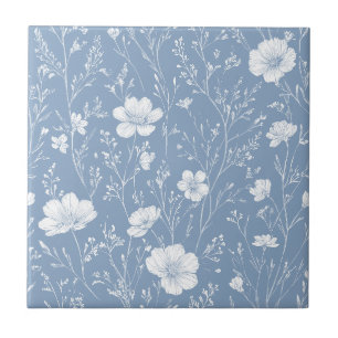 Carreau Motif de fleur sauvage bleu et blanc atténué