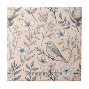 Carreau Motif de fleur sauvage Rossignol vintage pêche