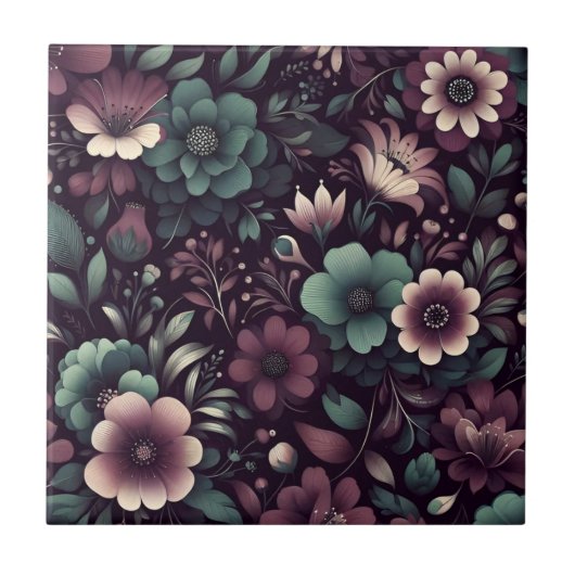 Carreau Motif de fleurs violettes foncées et vertes (Devant)