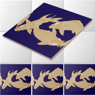 Carreau Motif de frise de carpes koï japonaises dorées